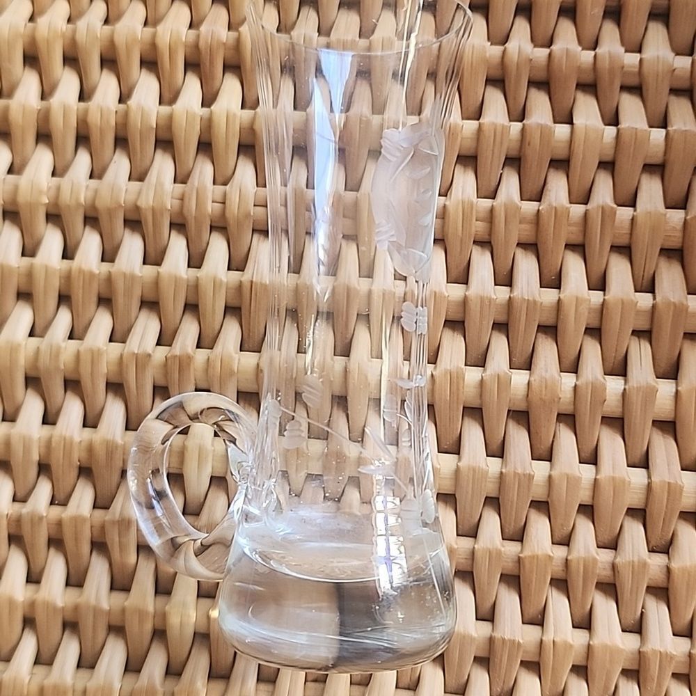 Vintage Floral Etched Glass Small Handled Bud Vase - Picture 5 of 8